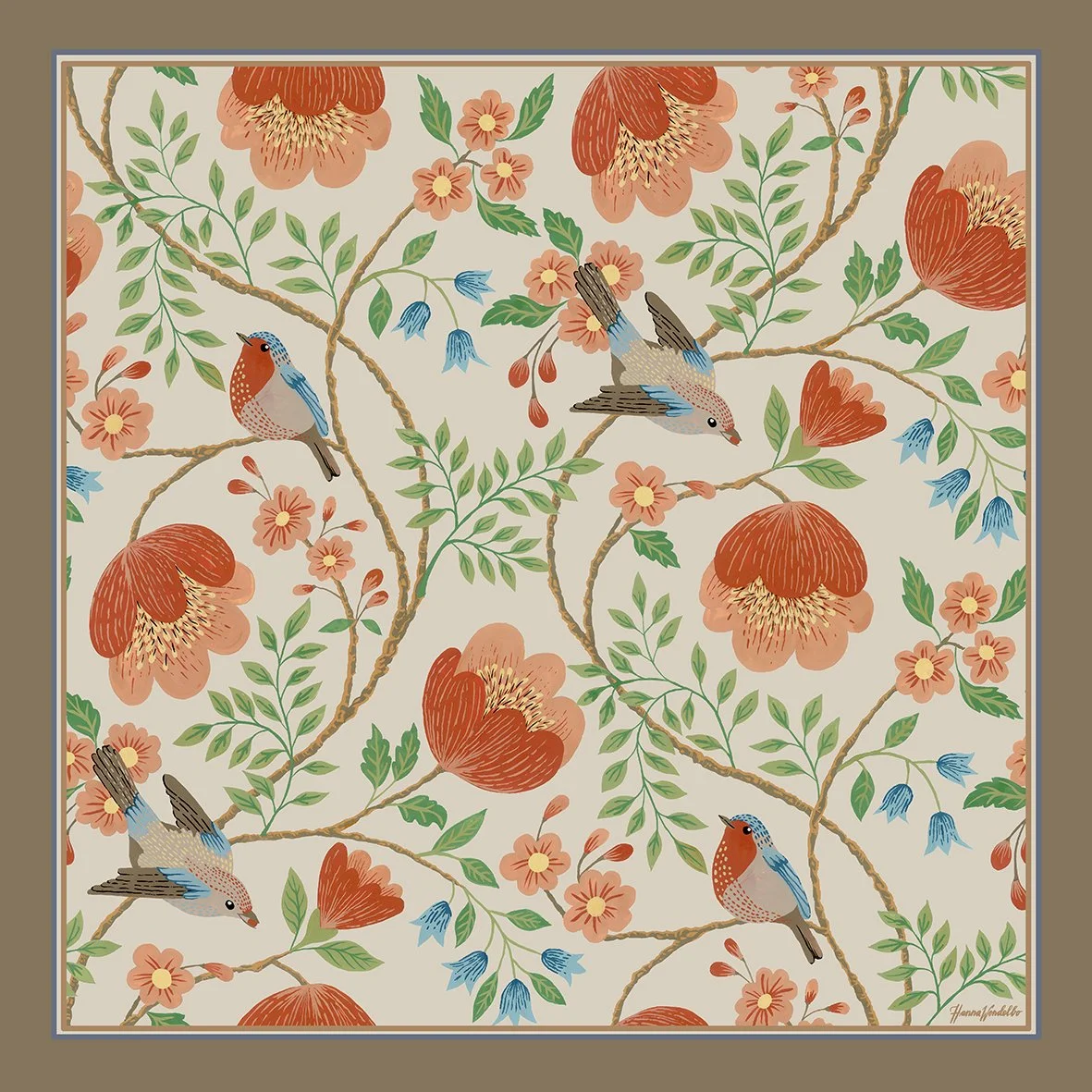 BIRDS SCARVES CREME 75% BOMULL+25% SIDEN