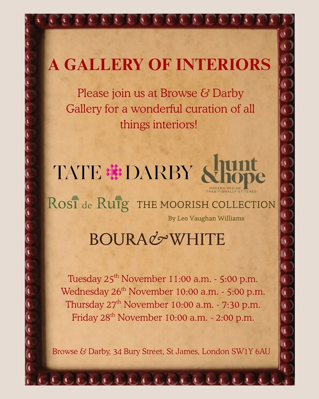 A Gallery of Interiors: Please join us at @browseanddarby gallery for a fabulous curation of all things interiors! Joined by @huntandhope @rosideruig @leovaughanwilliams @bouraandwhite @tateanddarby from Tuesday 25th to Friday 28th November🌟🌟 We ca