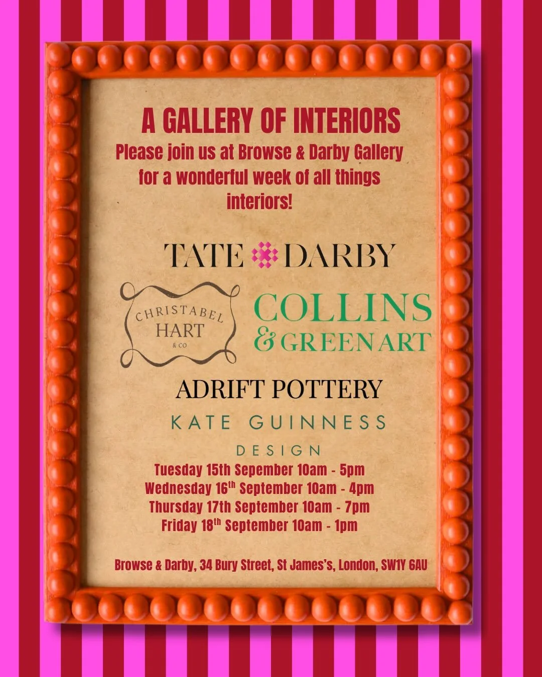 A Gallery of Interiors! Please join us @browseanddarby gallery for a fabulous curation of all things interiors! Joined by @adriftpottery  @collinsandgreenart @christabelhartco @kateguinnessdesign on  Tuesday 15th September to Friday 18th September 🌟