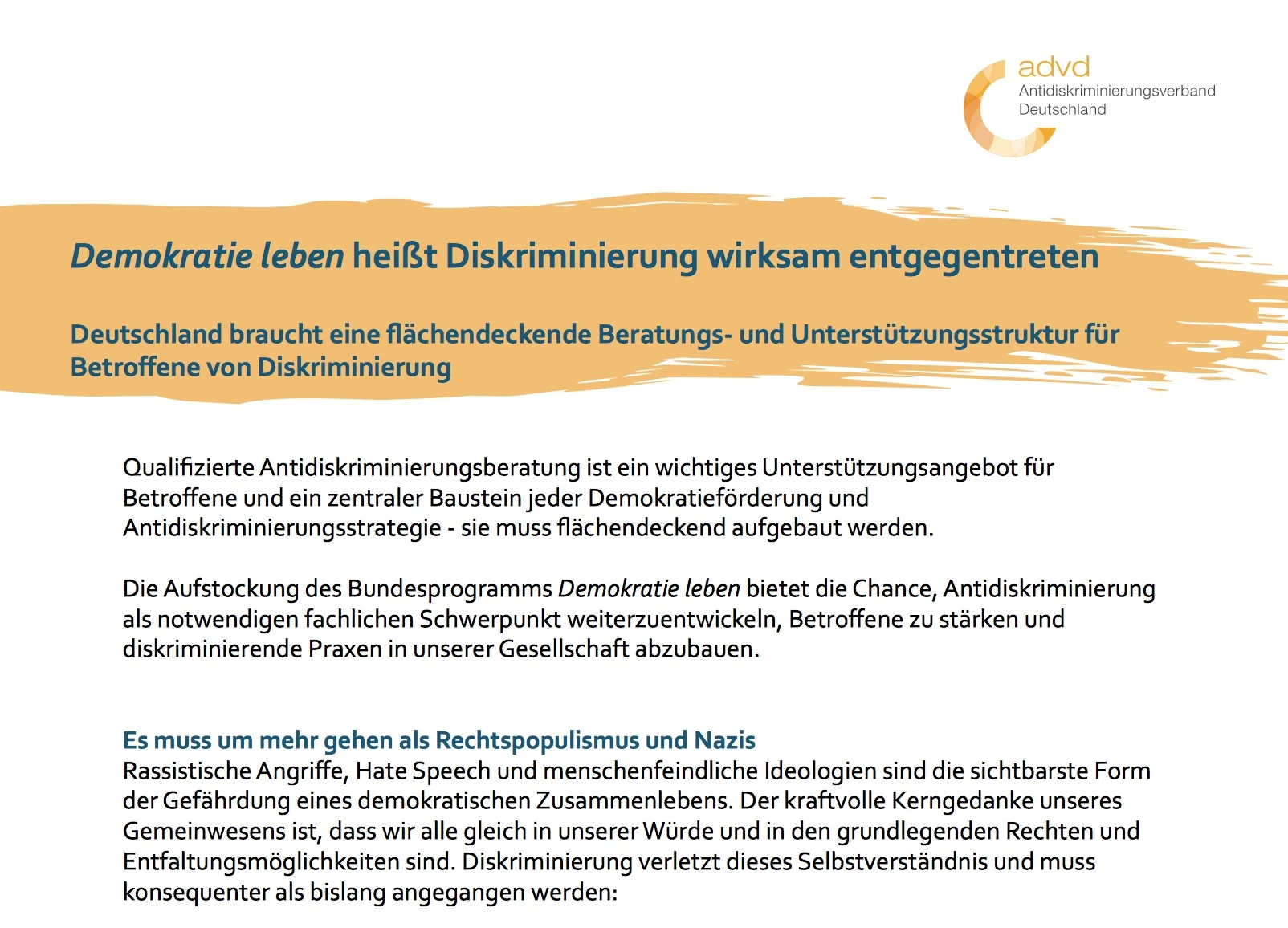 advd.Positionspapier: Demokratie leben heißt Diskriminierung wirksam entgegentreten