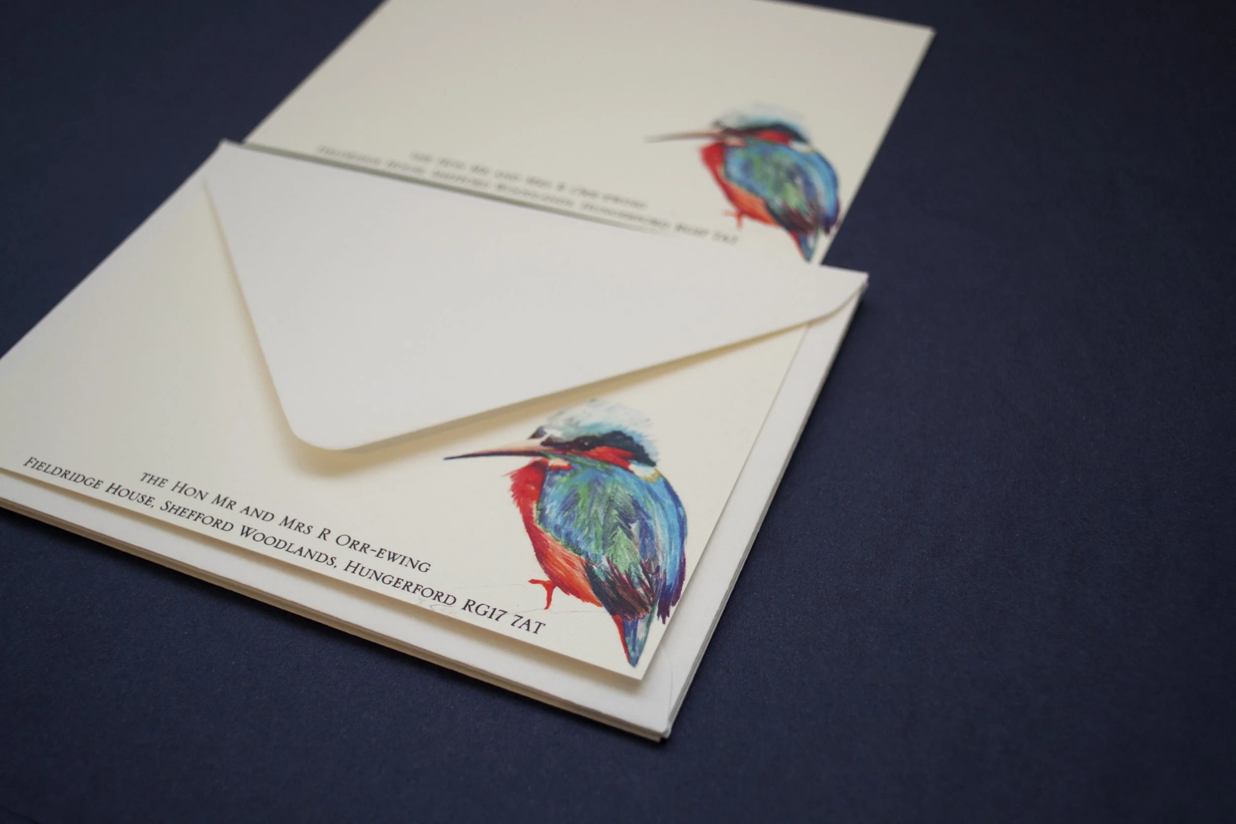 bespoke address cards with kingfisher on