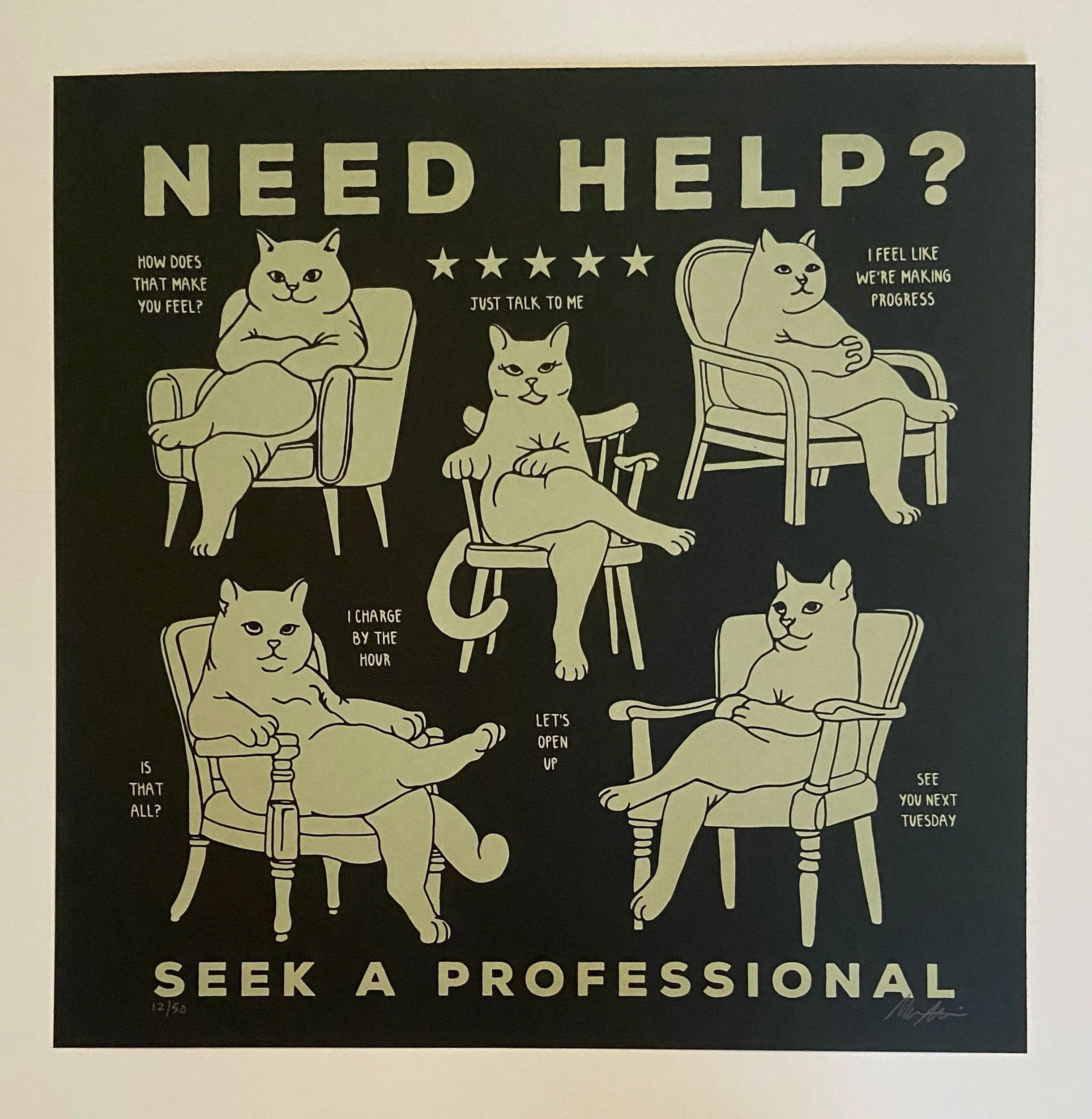 Ask a cat, they&rsquo;ll help
.
.
.
#therapist #cats #screenprinting #illustration #therapycat