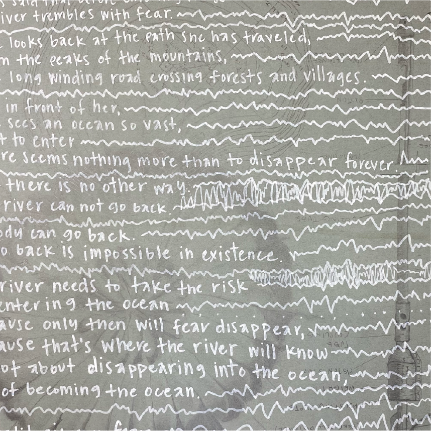 Close-up of handwritten text on gray paper, with a faint drawing of a person in the background.