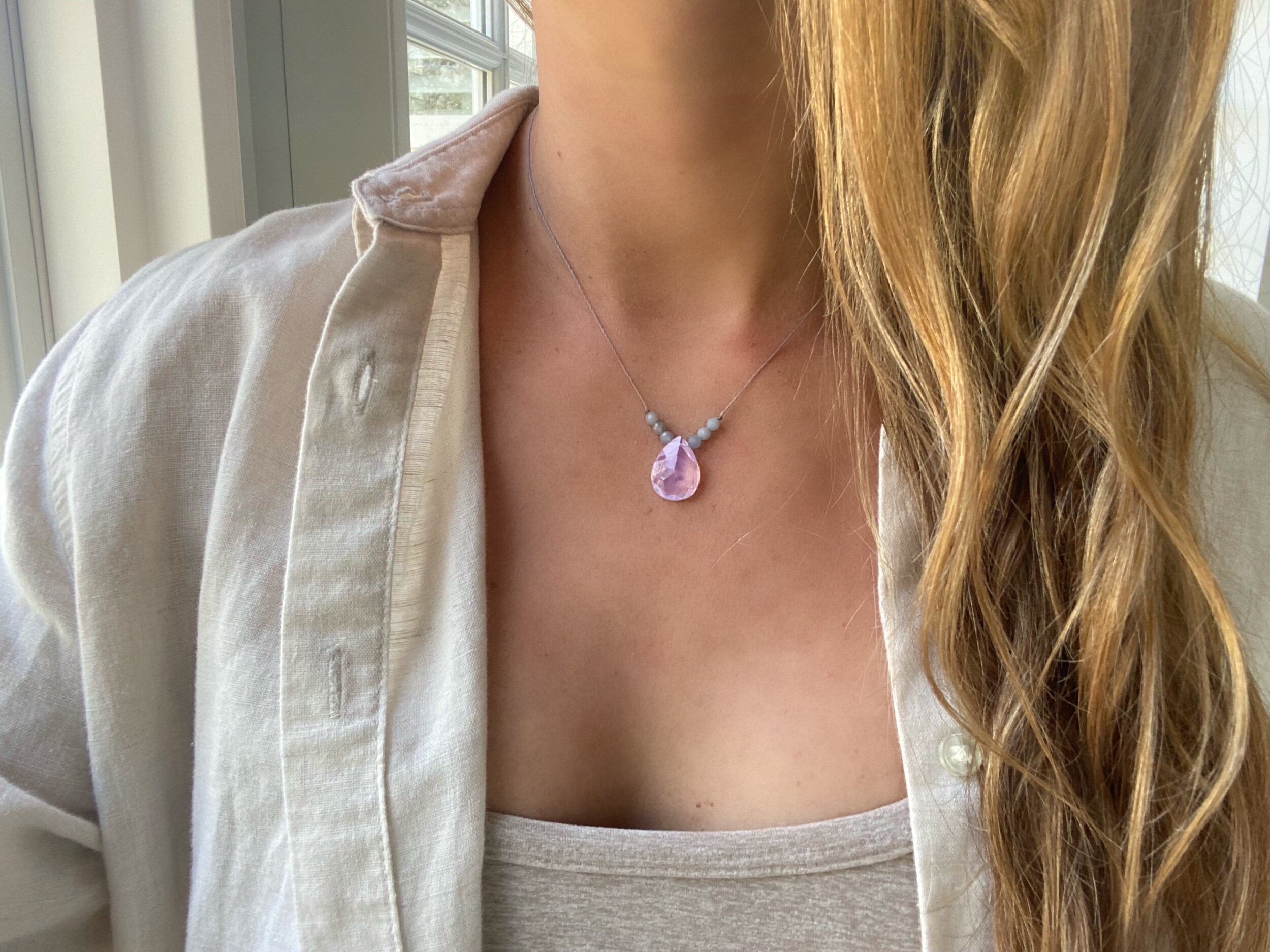 Lavender Quartz + Angelite Layering Necklace (Grey or Golden Cord)