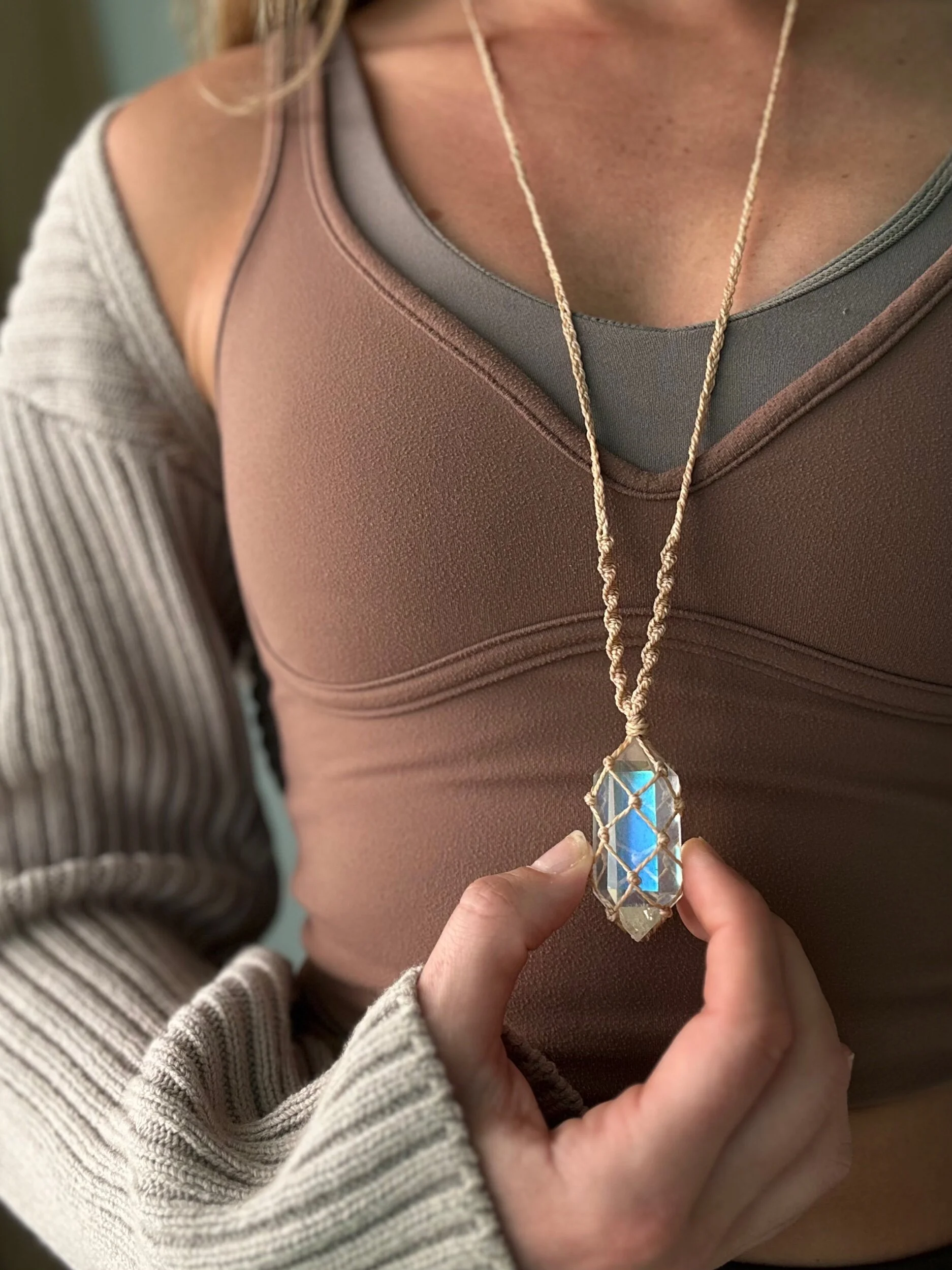 Angel Aura Quartz Necklace (Tan Cord)