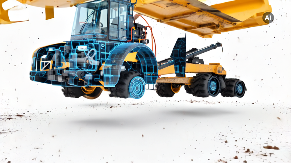 Volvo CE Renewed - Baumaschine als Explosionszeichnung mit schwebenden Teilen