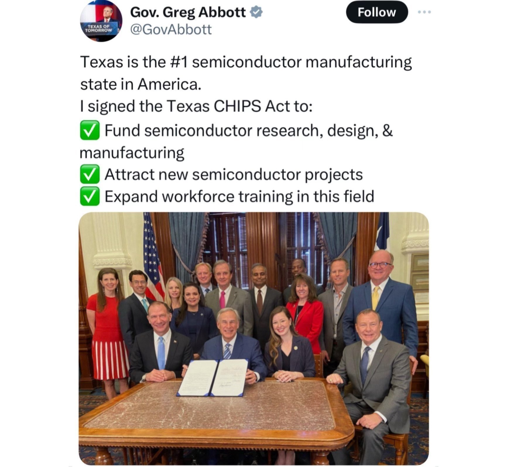 Texas CHIPS Act Bill Signing with Governor Greg Abbott