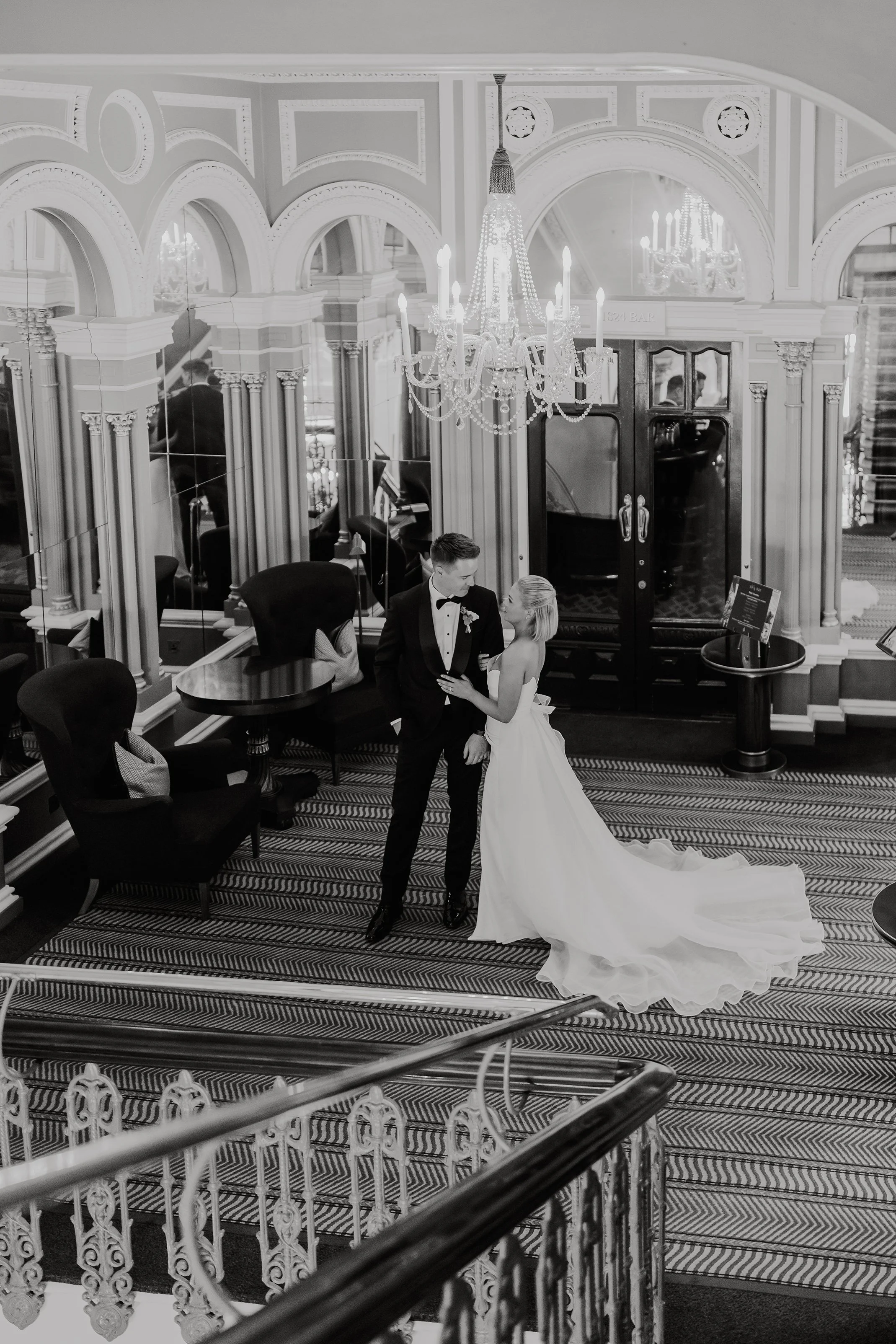 Romantic wedding portrait of a couple at The Shelbourne Hotel Dublin, featuring elegant interiors, timeless architecture, and soft natural light — an intimate luxury city wedding venue.