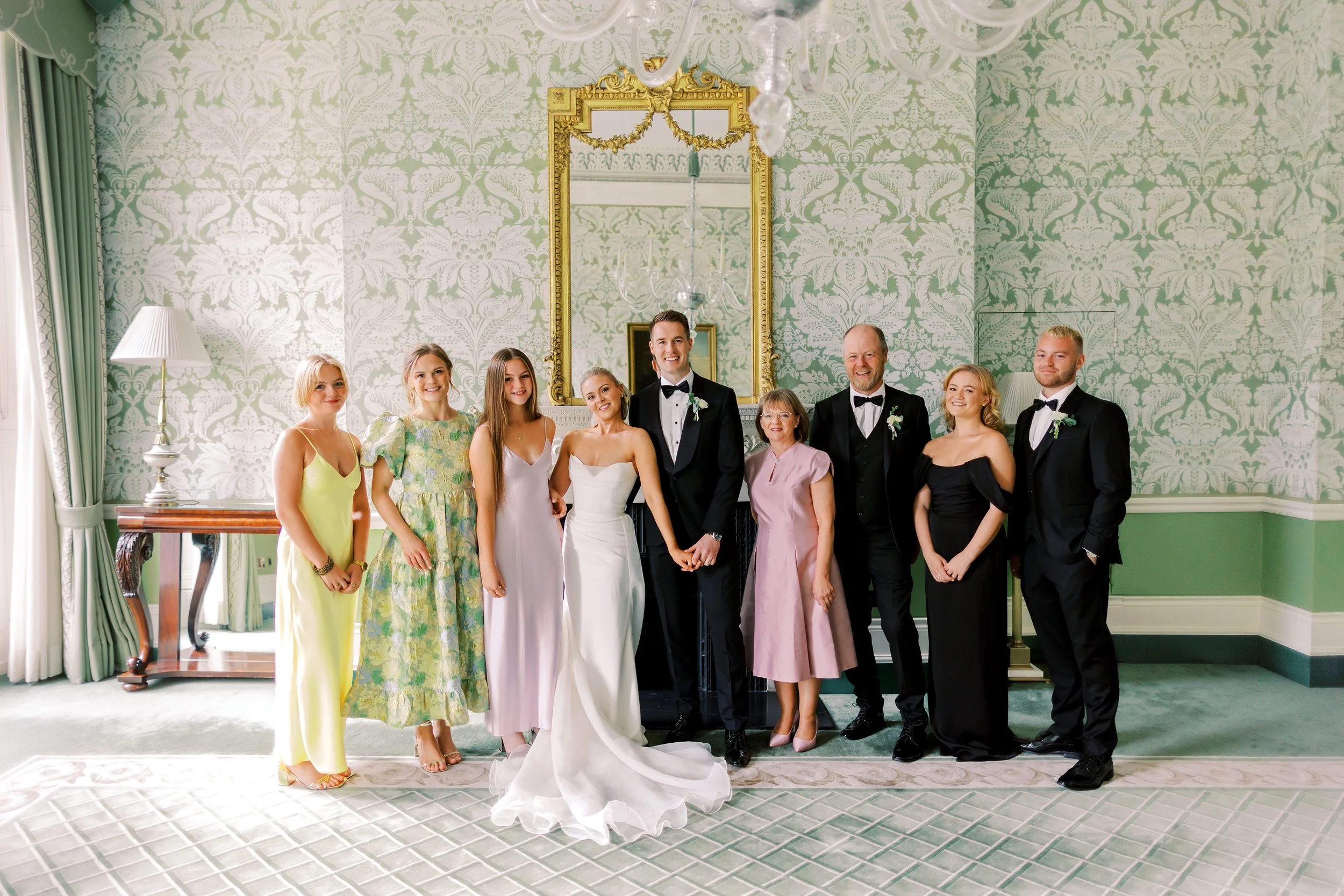 Family wedding portrait at The Shelbourne Hotel Dublin, captured in elegant natural light within this iconic luxury city wedding venue.