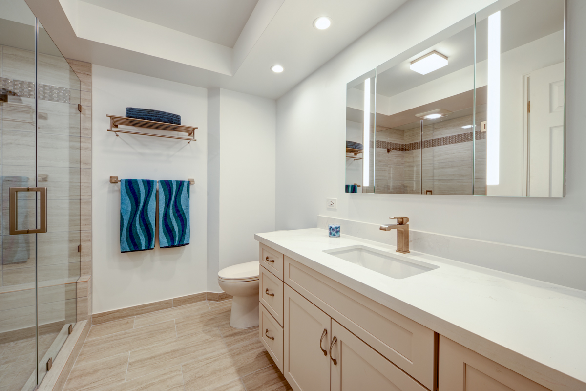 We decided to go with a large mirrored medicine cabinet instead of a solid mirror in this bathroom. This is their guest bathroom, though it is larger than a lot of condo master bathrooms. This building is begging to have all of their bathrooms renovated. They have the space for something special in the bathrooms, and the building is nice enough to be worth putting the money into it takes to create a bathroom like this.