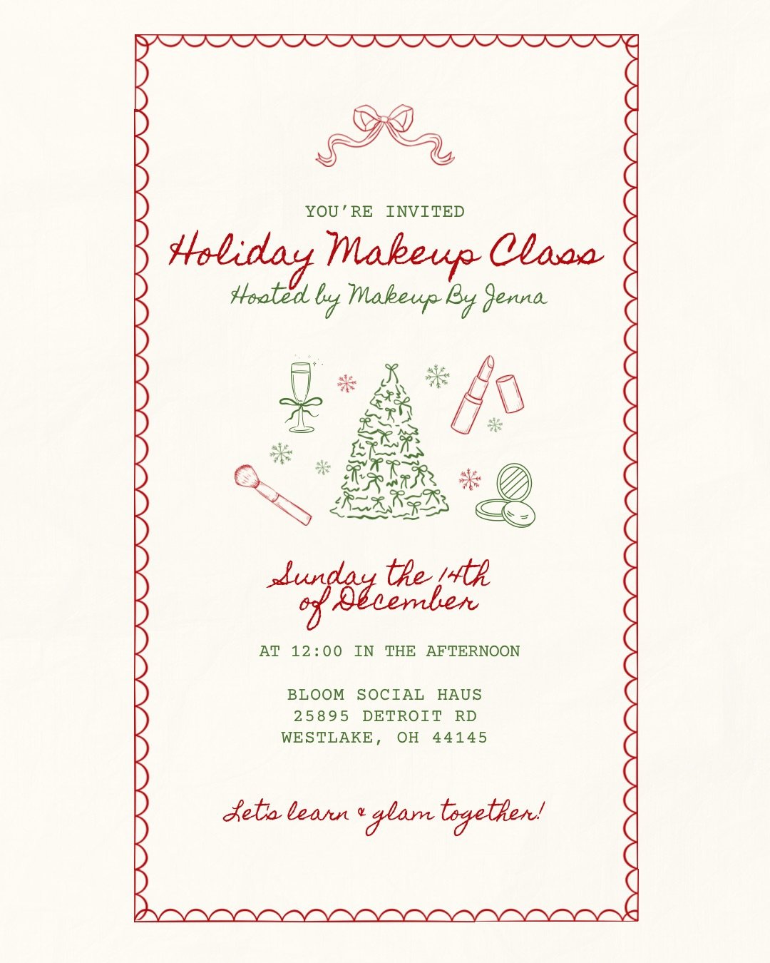 🎄&hearts;️HOLIDAY MAKEUP CLASS &hearts;️🎄

Join me for my annual Holiday Makeup Class where I&rsquo;ll be teaching a festive, event-ready look!✨ Enjoy light bites, festive drinks, permanent jewelry bar, goodie bags, giveaways &amp; so much more!🤭
