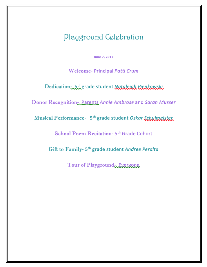 Playground Celebration Program