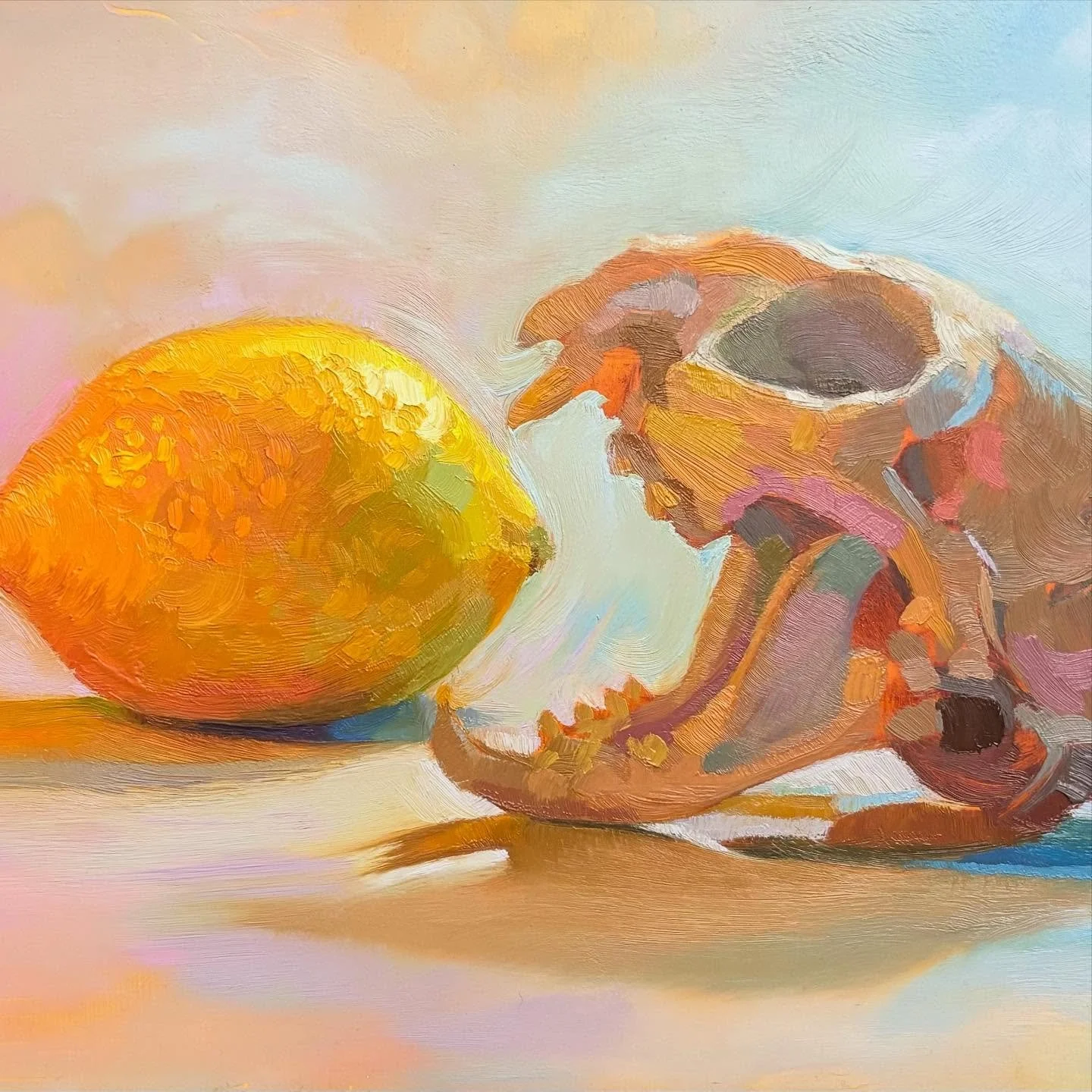 Fresh off the easel &hellip; 
&lsquo;Sour Puss&rsquo;
Oil on wood
20x30cm 
My main focus was playing with texture and simply getting lost in abstraction as always and of course colour colour colour. 
I challenged myself to not use cadmium for this on