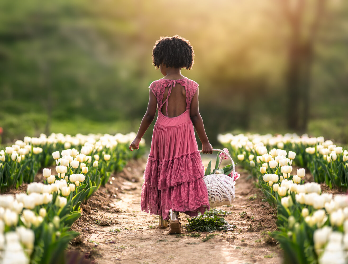 Little girl walking in tulip field - Asheville Photographer
