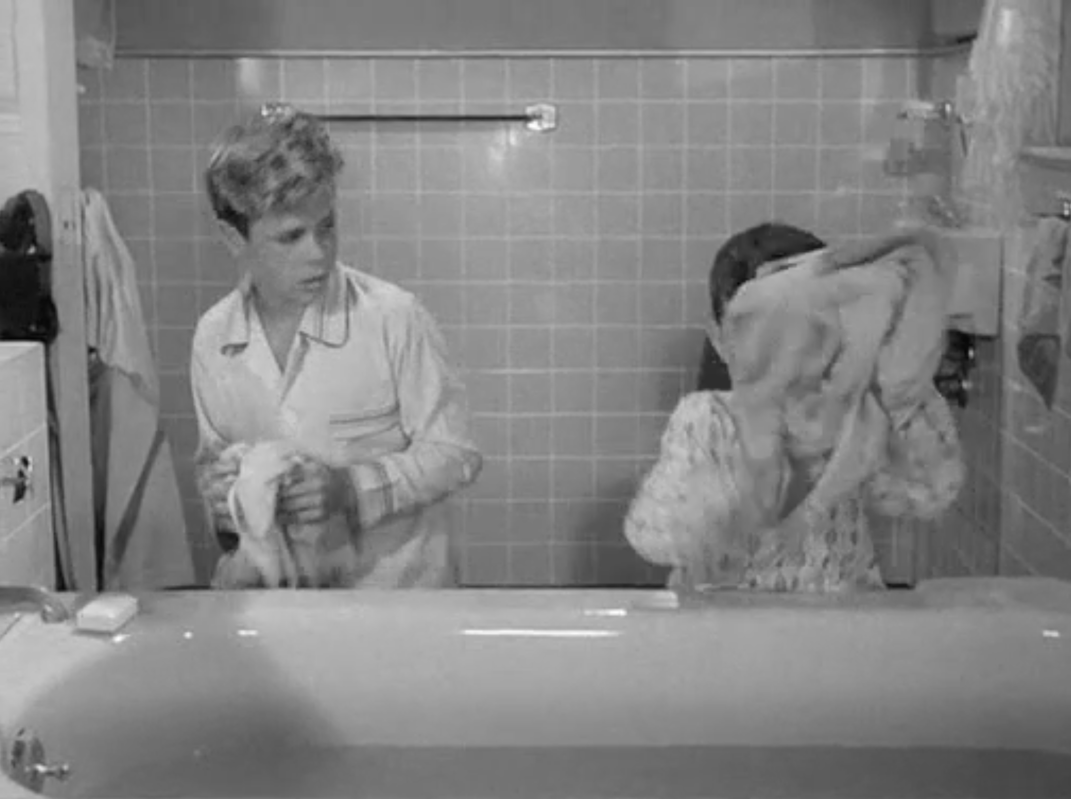 Wally and The Beaver faking a bath like old pros