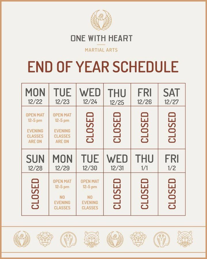 As the year wraps up, we want to make sure that One With Heart staff can enjoy some well deserved down-time. Please take note of our end of year hours.