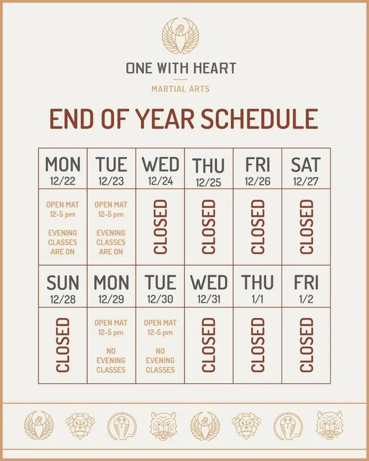 As the year wraps up, we want to make sure that One With Heart staff can enjoy some well deserved down-time. Please take note of our end of year hours.