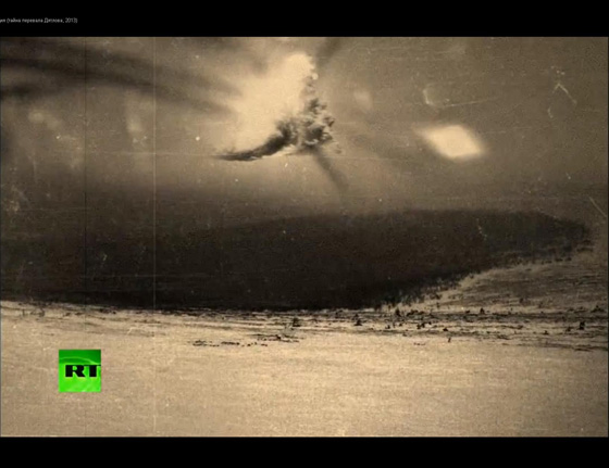  A photo that is often associated with the Dyatlov event but which researchers believe was not taken by anyone from the party.  It appears to show an aerial explosion which might be connected to a military exercise taking place in the region, possibl