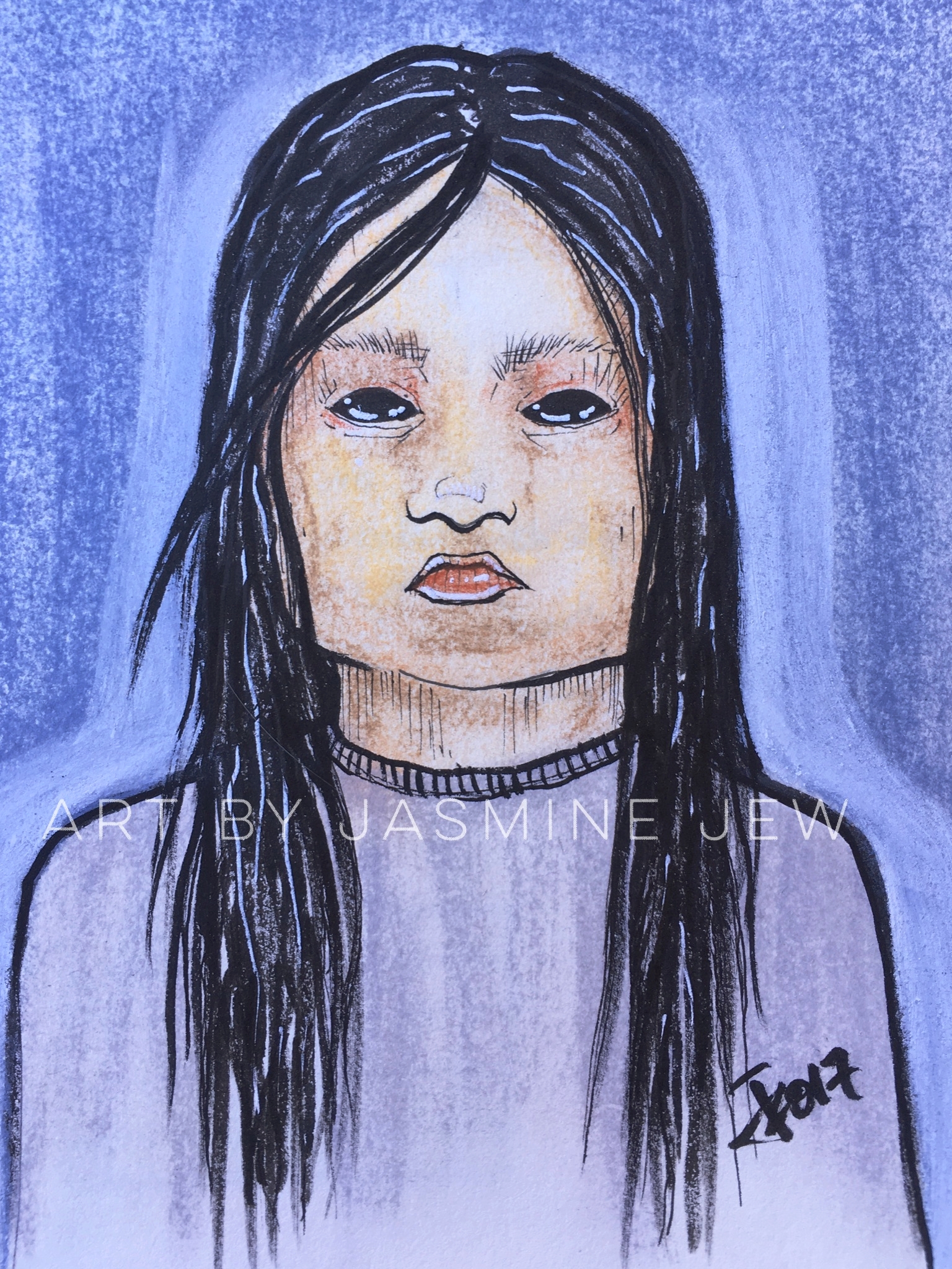  Artwork by Jasmine Jew, depicting the black-eyed girl with a baby stroller she saw at her door late at night in Brownsville, TX. 