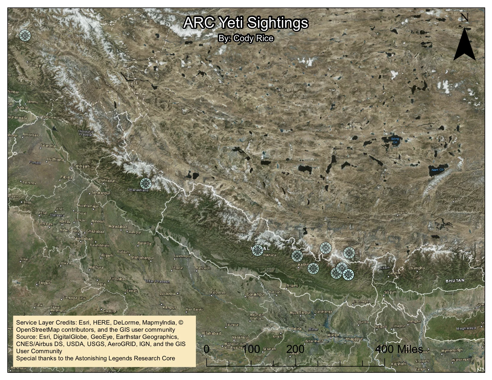 Map showing locations of featured Yeti sightings, by ARC member Cody Rice