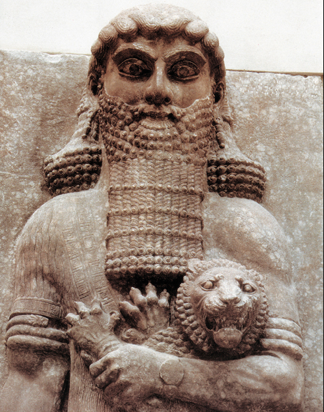  From  biblicalarchaeology.org : "This colossal figure choking a lion once stood at the palace of Assyrian king Sargon II at Khorsabad in northern Iraq. Often identified with the hero Gilgamesh, the statue now resides at the Louvre Museum in Paris.&n