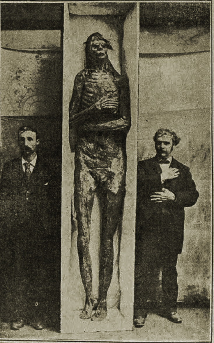  Image from the newspaper,  The World , Sunday, October 6, 1895, with the headline: "BIGGEST GIANT EVER KNOWN – Nine Feet High and Probably a Prehistoric California Indian – Measurement Well Authenticated" 