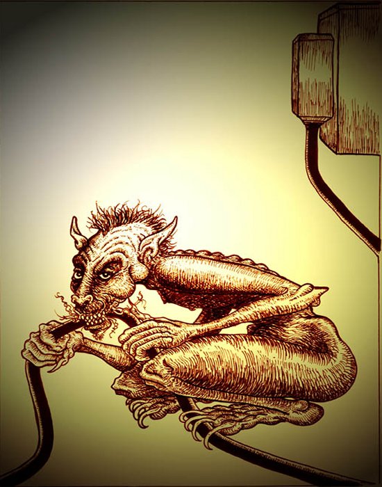  A gremlin chewing on a cable. From Andrew L Paciorek’s book,  “Strange Lands: A Field Guide to the Celtic Otherworld.”   