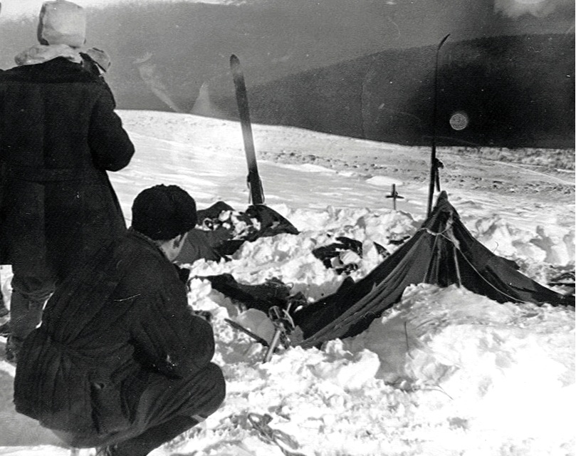 Condition of the tent as it was found by rescuers on February 26, 1959. It had been cut open from the inside to escape quickly.