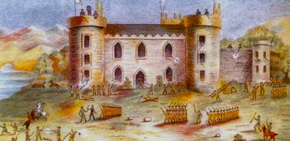 Redmond Hall as it’s being defended by Alexander Redmond against overwhelming British forces. The castle would later be rebuilt and become the site for Loftus Hall