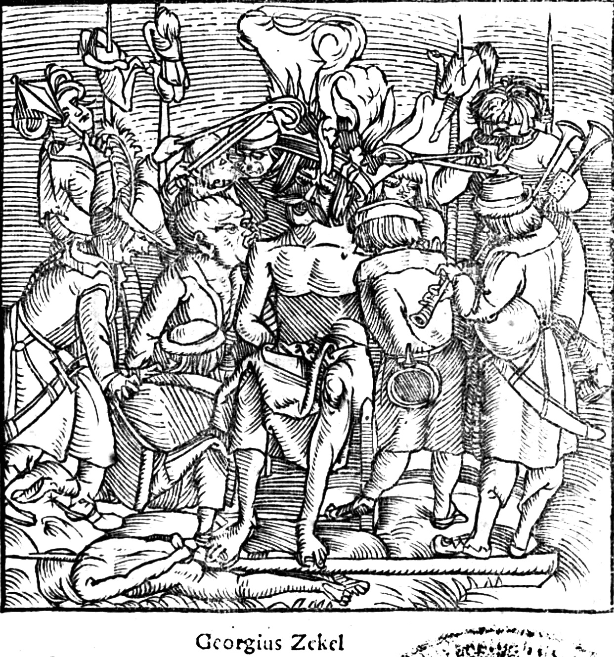  Contemporary woodcut depicting the horrific execution of György Dózsa, the leader of a Hungarian peasant revolt. 
