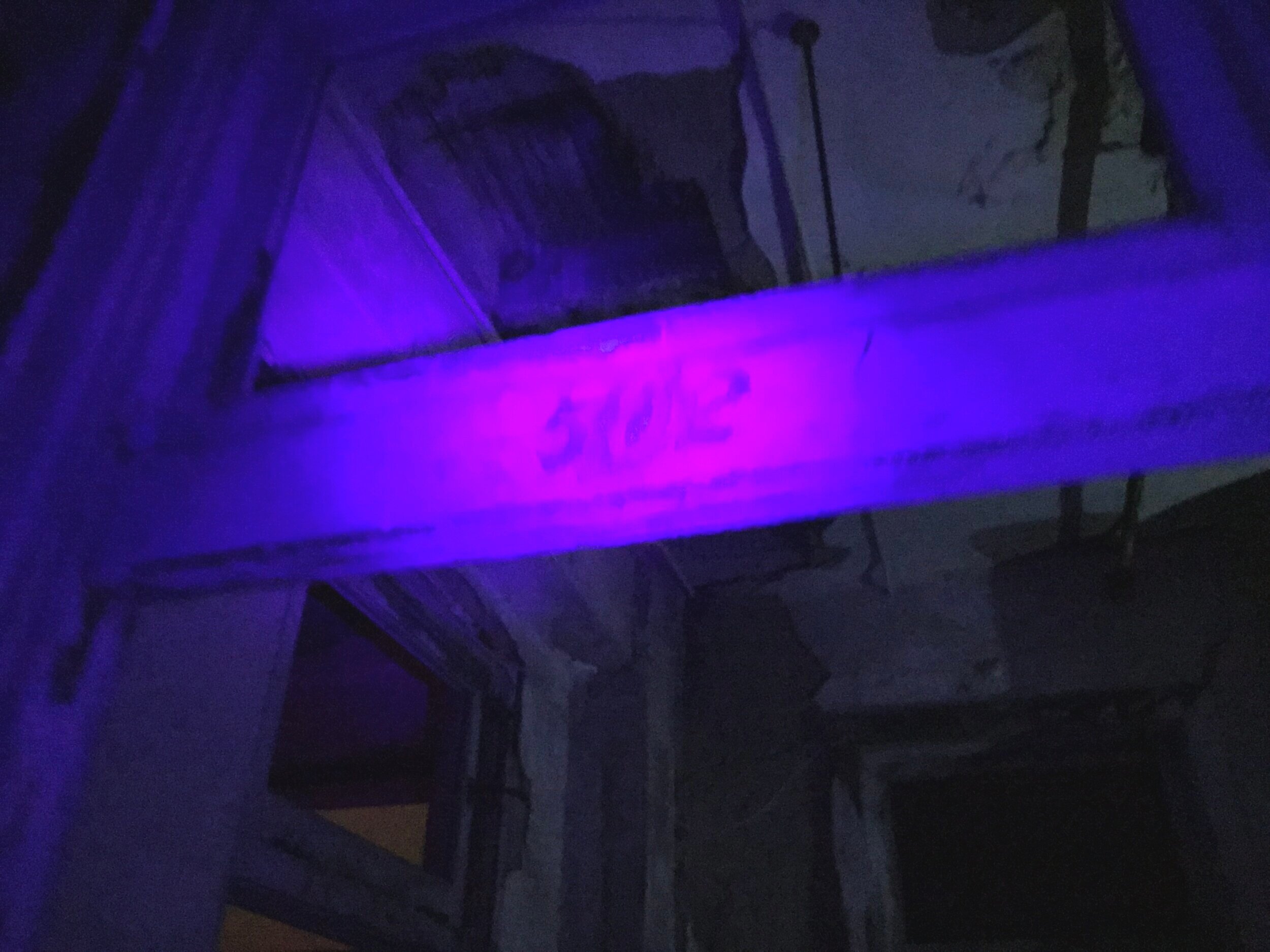  Room 502, the location where a nurse supposedly hanged herself either in the room (which is was a bathroom) or just outside the door. One of the many ghost stories at Waverly. The spot where the door numbers were is illuminated with UV light. 