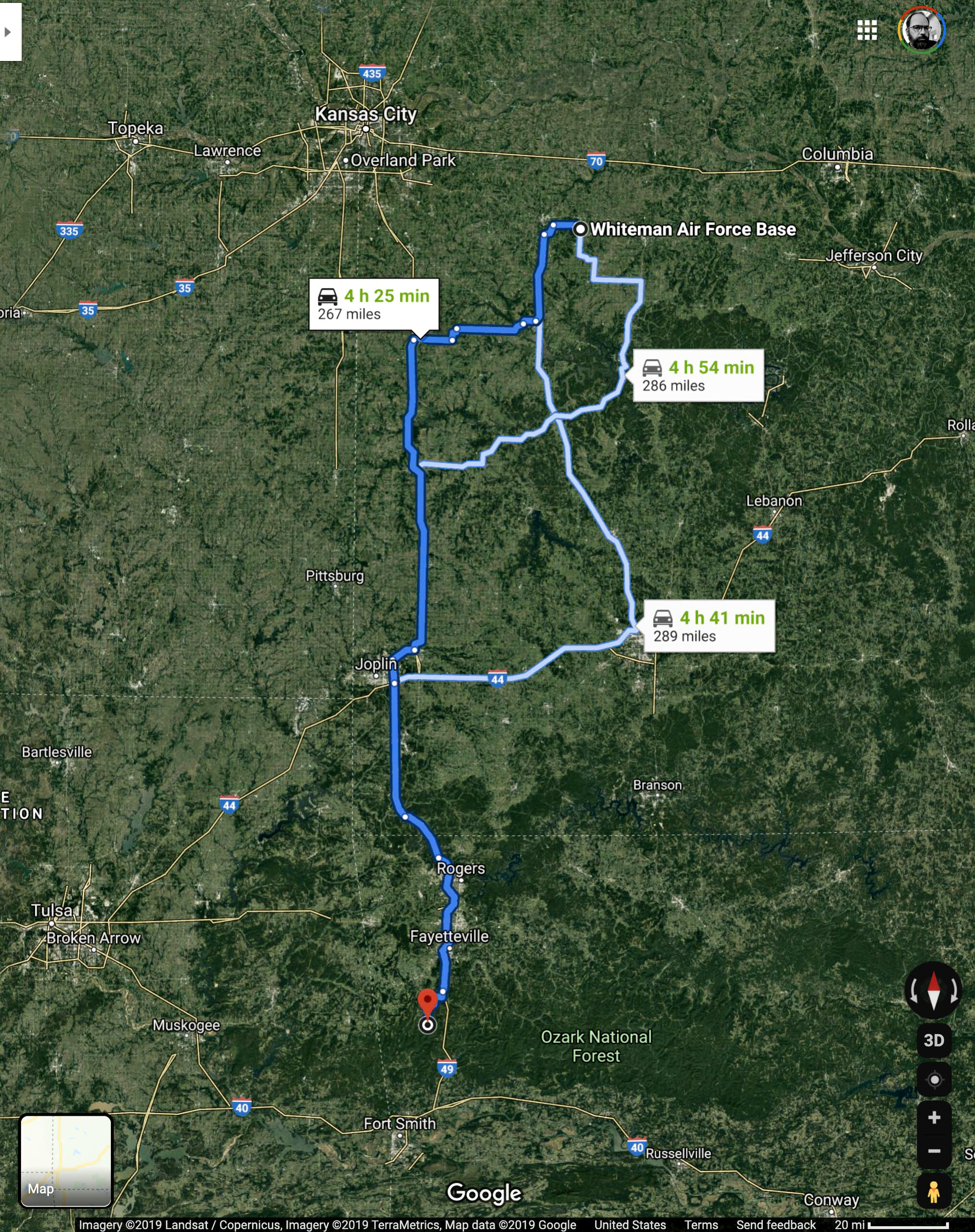  Driving distance from Whiteman AFB in Missouri to the clearing at Devil’s Den in Arkansas. 