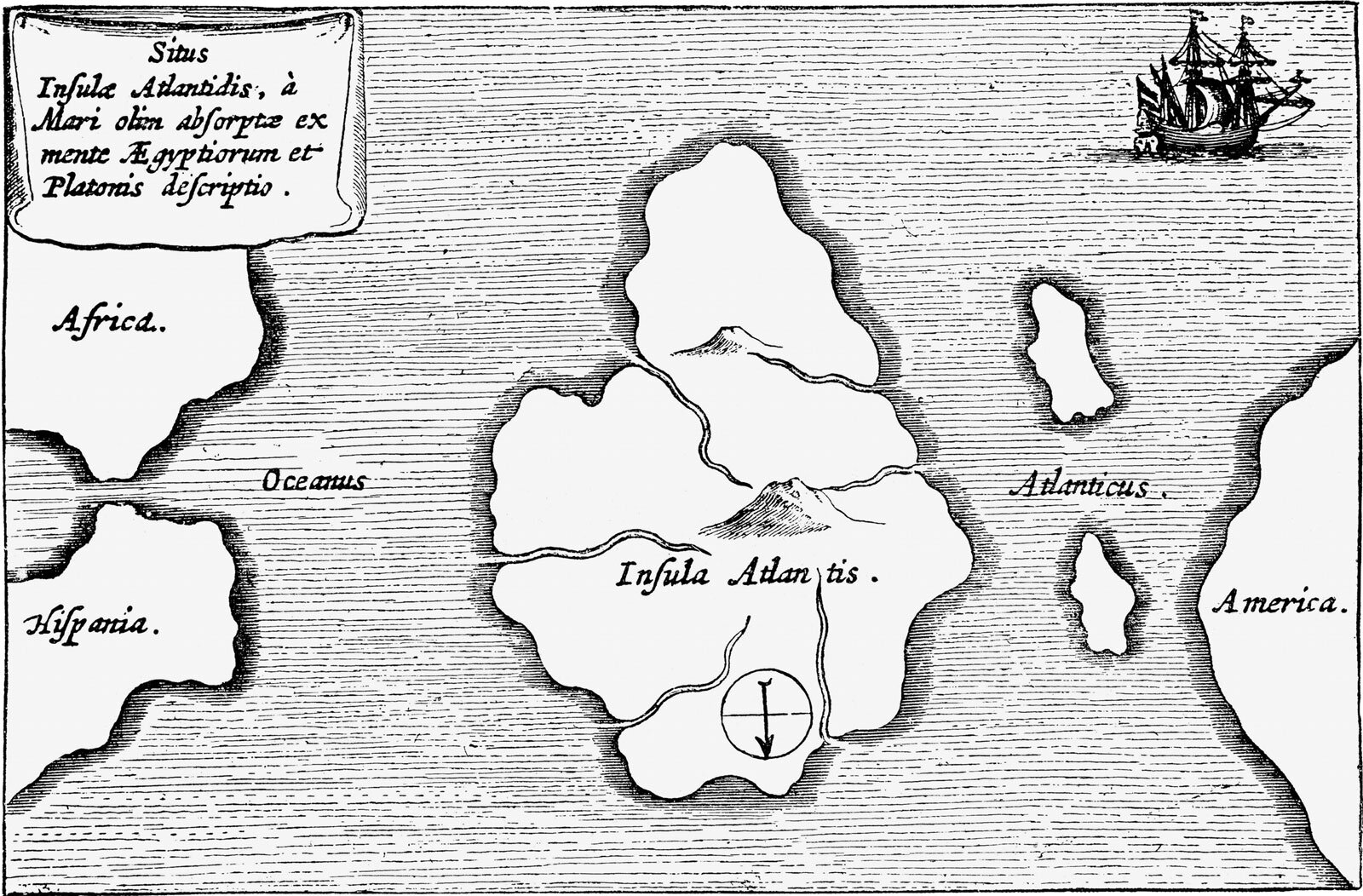  From  Encyclopædia Britannica : The island of  Atlantis , as depicted in an engraving in  Athanasius Kircher's   Mundus Subterraneus  (1664; “Subterranean World”).  