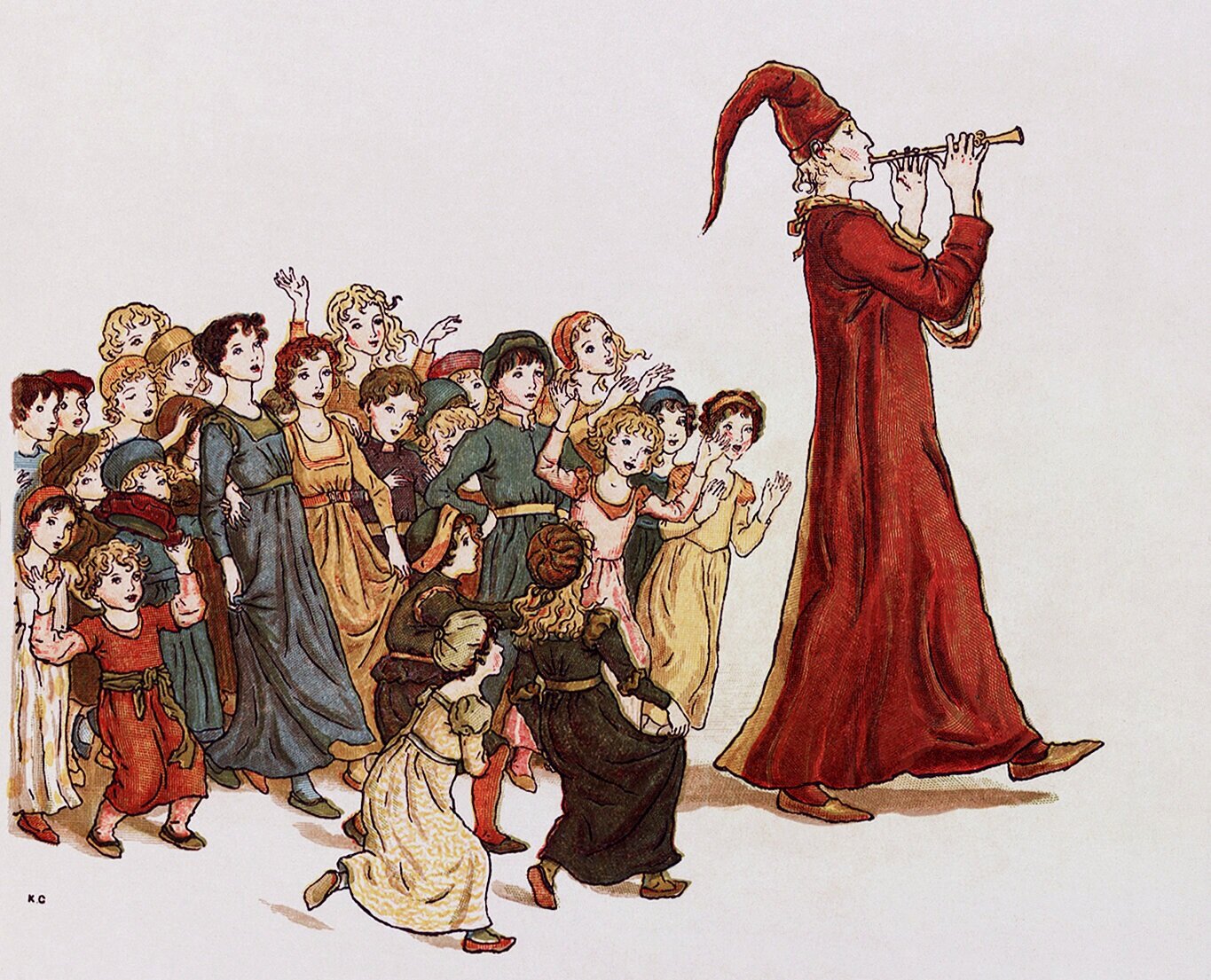  Illustration by Kate Greenaway of the Pied Piper leading the children out of town, for the publication of  Robert Browning’s poem,  The Pied Piper of Hamelin   
