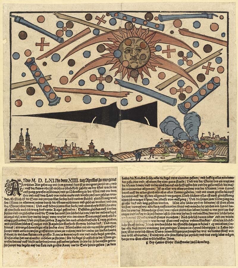  Hanns Glaser (print) -  Zentralbibliothek Zürich , a report of the celestial phenomenon over Nuremberg, Germany on April 4, 1561, from a Broadsheet  News notice  which was printed on April 14, 1561. 