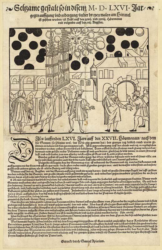   Samuel Koch (Text) Samuel Apiarius (Print)  - Zentralbibliothek Zürich – report of a similar phenomenon over Basel, Switzerland on the 27-28 July, and Aug 7, 1566, from the “Flugblatt” or Basel Leaflet, describing a conspicuous sunset and sunrise a