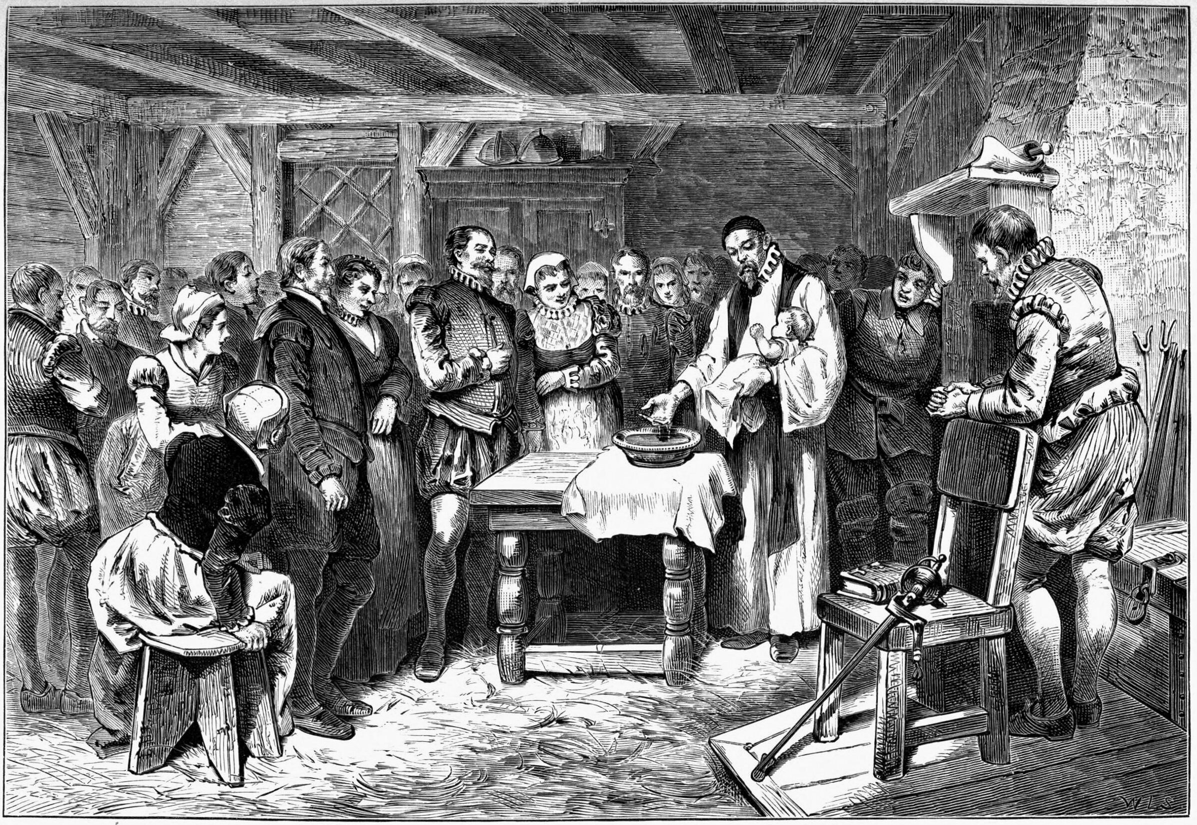   Baptism of Virginia Dare , 1880, wood engraving by  William Ludwell Sheppard &nbsp;-&nbsp;William A. Crafts (1876)&nbsp;  Pioneers in the settlement of America: from Florida in 1510 to California in 1849  ,&nbsp; Boston : 