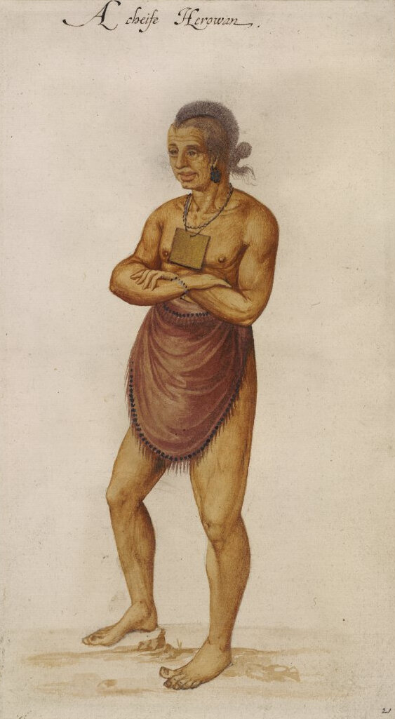   “‘A chiefe Herowan ,’ or watercolor by John White depicting the&nbsp;  weroance  &nbsp;("chief") of a Native American community. The identity of the man and his tribe are unknown, but he is generally presumed to be the Secotan leader&nbsp; Wingina 