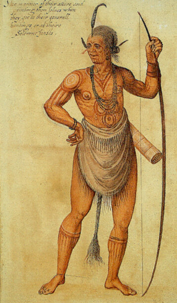  “Warrior of the Secotan Indians in North Carolina. Watercolour painted by John White in 1585.”  Thought to be a portrait of Manteo 