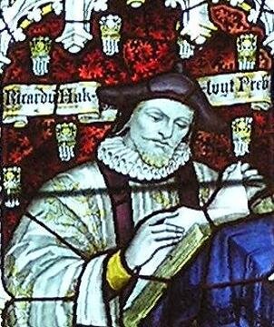   Richard Hakluyt  pictured in a  stained glass  window in the West Window of the South Transept of  Bristol Cathedral , photo by  Charles Eamer Kempe . 