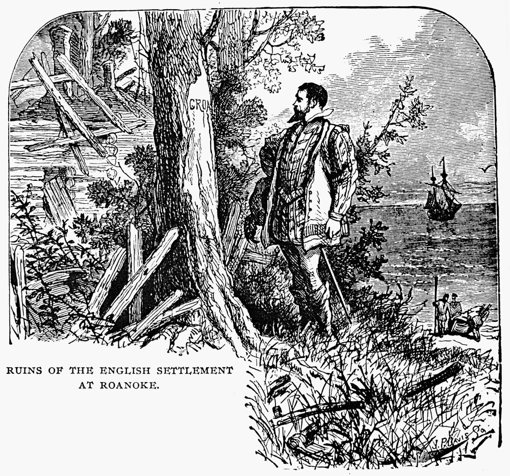  “John White at the ruins of the Roanoke Colony in 1590, Engraving by John Parker Davis&nbsp;-&nbsp; Columbus and Columbia: A Pictorial History of the Man and the Nation &nbsp;(1893)” 