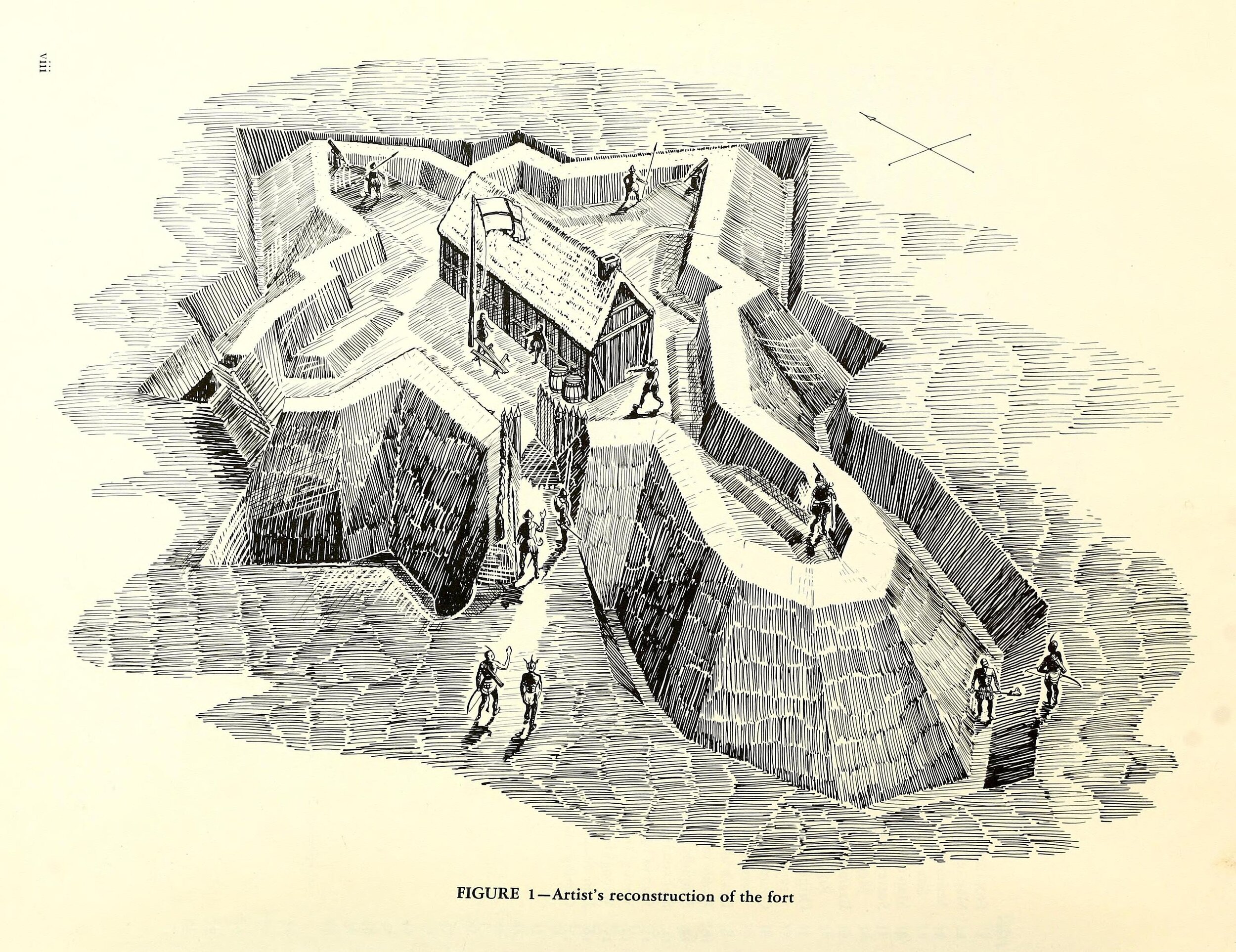  “A 1962 illustration depicting the artist's reconstruction of the fort built by Ralph Lane for the 1585 Roanoke Colony. In modern times the fort has come to be known as "Fort Raleigh," particularly since efforts to restore the earthwork at Fort Rale