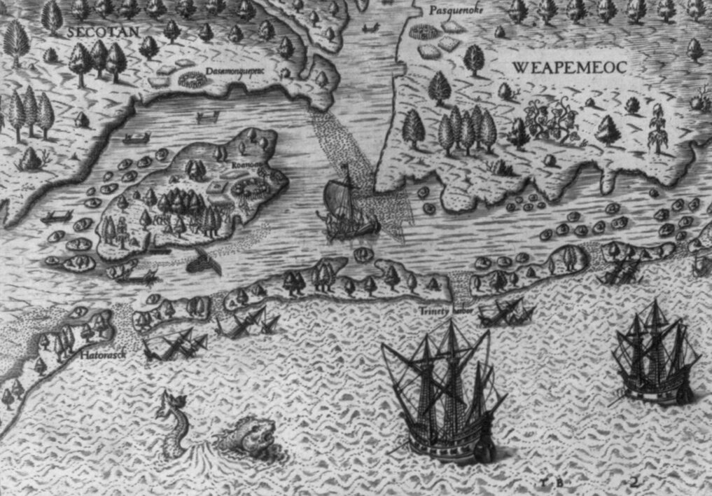   “The arrival of the Englishmen in Virginia  (1590). Engraving by  Theodor De Bry , from a drawing by John White: Map showing the coast of Virginia with many islands just off the mainland, two Native territories, Secotan and Weapemeoc, and the Nativ