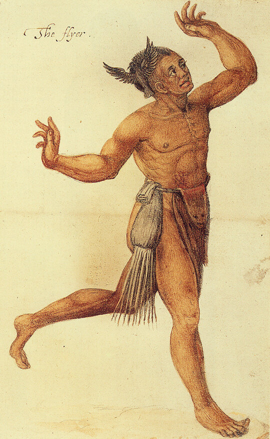  “'The Flyer', a Secotan Indian holy man or "conjuror" (as the British often called them) painted by John White in 1585. British Museum, London.” 