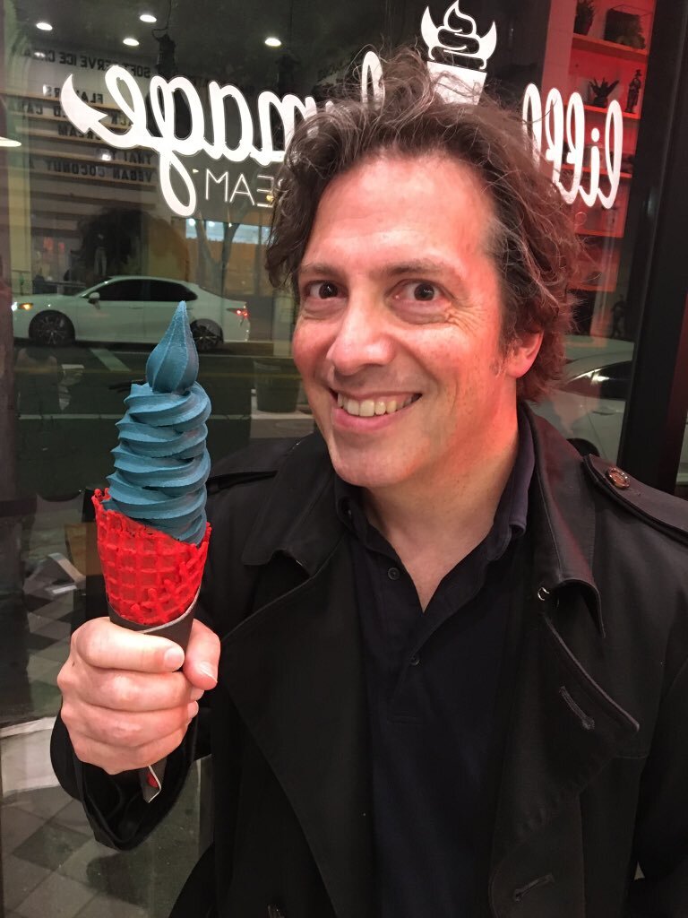  Rich enjoying a mysterious ice cream concoction at “Little Damage” in downtown LA 