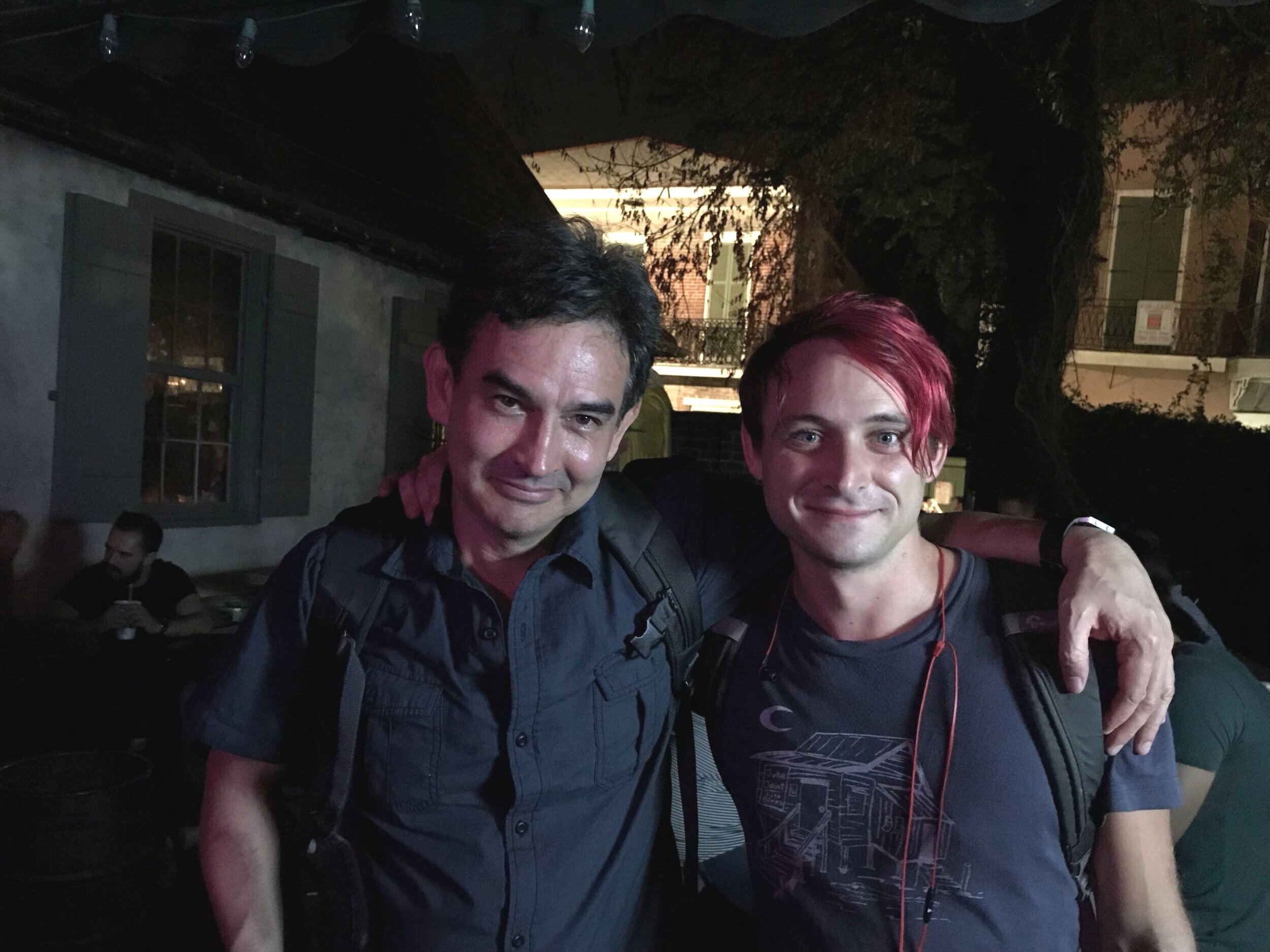  Forrest with New Orleans native  Ryan Caligari  of the  Rumor Flies podcast  on the back patio of  Lafitte’s Blacksmith Shop Bar  in 2018 