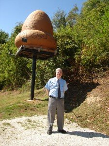  Stan posing near the UFO “acorn”  Unsolved Mysteries  replica in Kecksburg, PA.  Photo ©Stan Gordon 