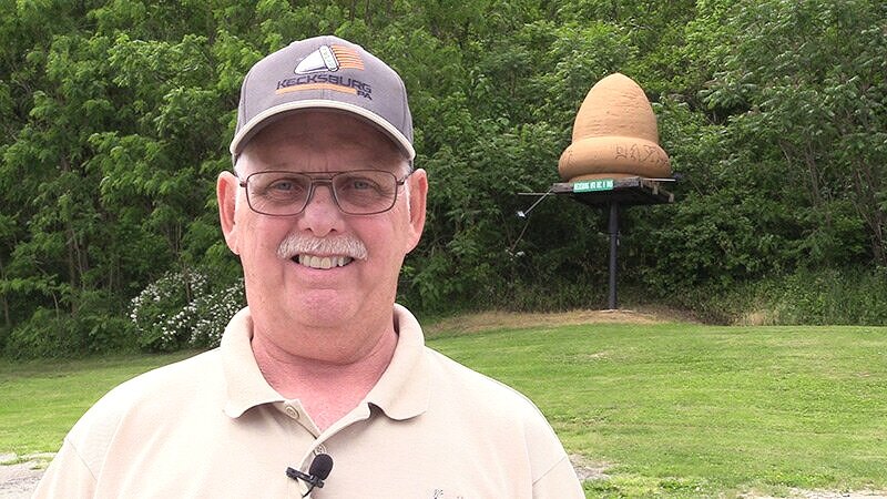  Ron Struble in front of the UFO replica at the Kecksburg Volunteer Fire Department.  Photo ©Ron Struble 