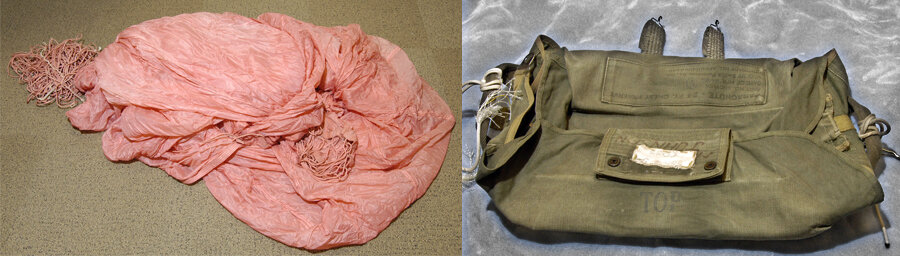  One of the parachutes left behind by Cooper and its canvas deployment bag.  He jumped with two of the four provided, taking one that was used for instruction and had been sewn shut.  