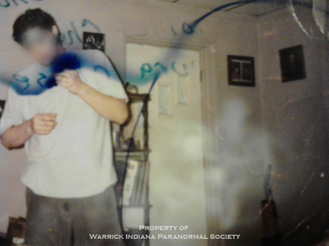  This series of photos are from the  Warrick Indiana Paranormal Society  investigation mentioned in the episode. These images are scans of the original Kodak disposable film camera prints.  The originals were sent to Kodak who could not explain the a